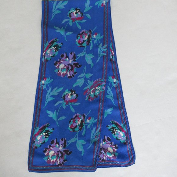 Rectangular Floral Pattern Scarf 10" x 52" Made in Italy, Blue, Purple, Black - Picture 5 of 8